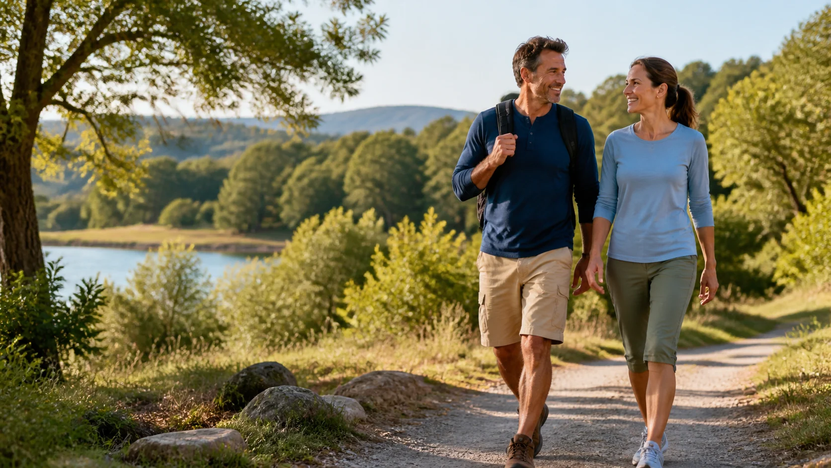 Active midlife couple walking together in a park