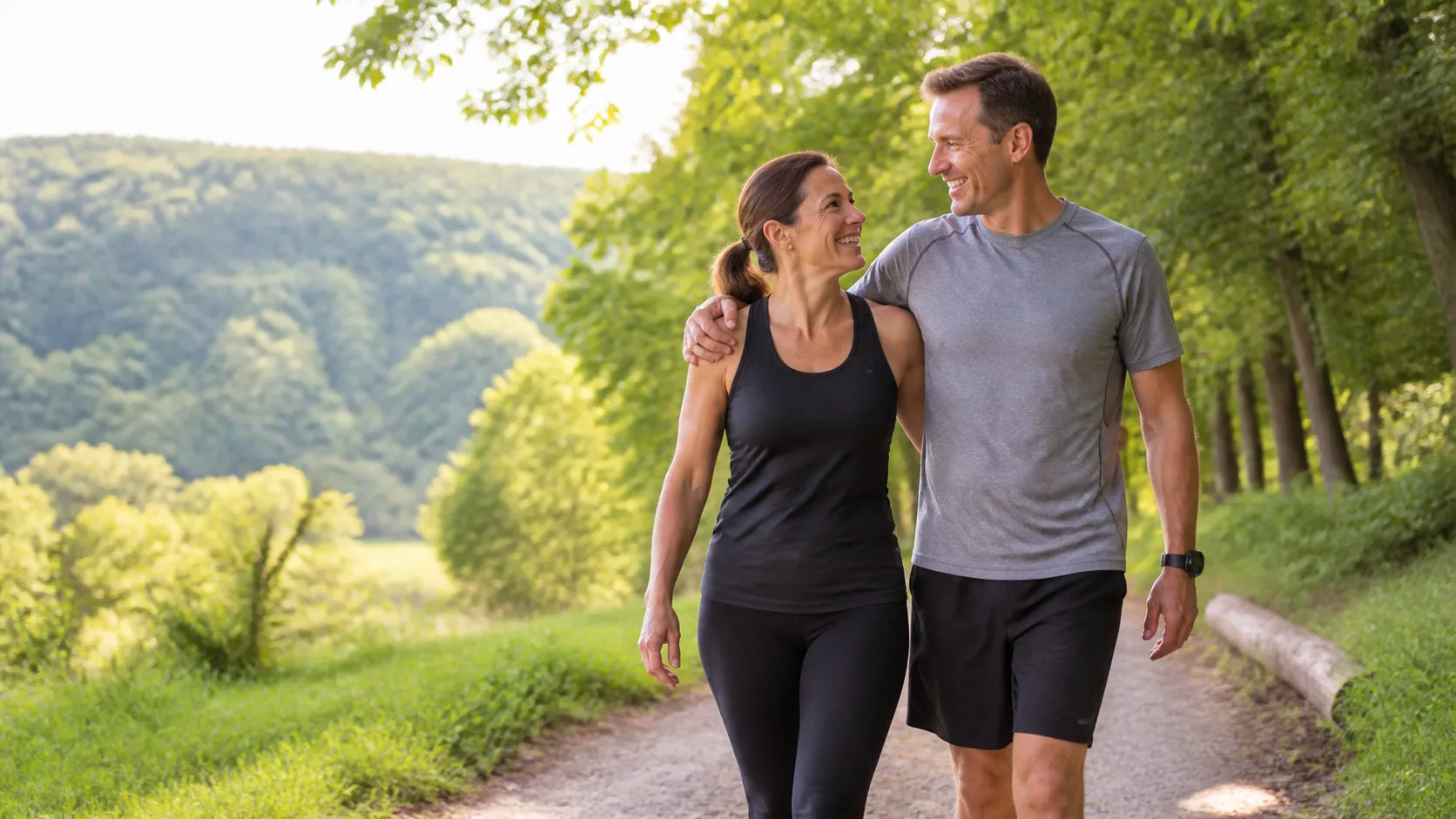 Active couple walking together on a park trail